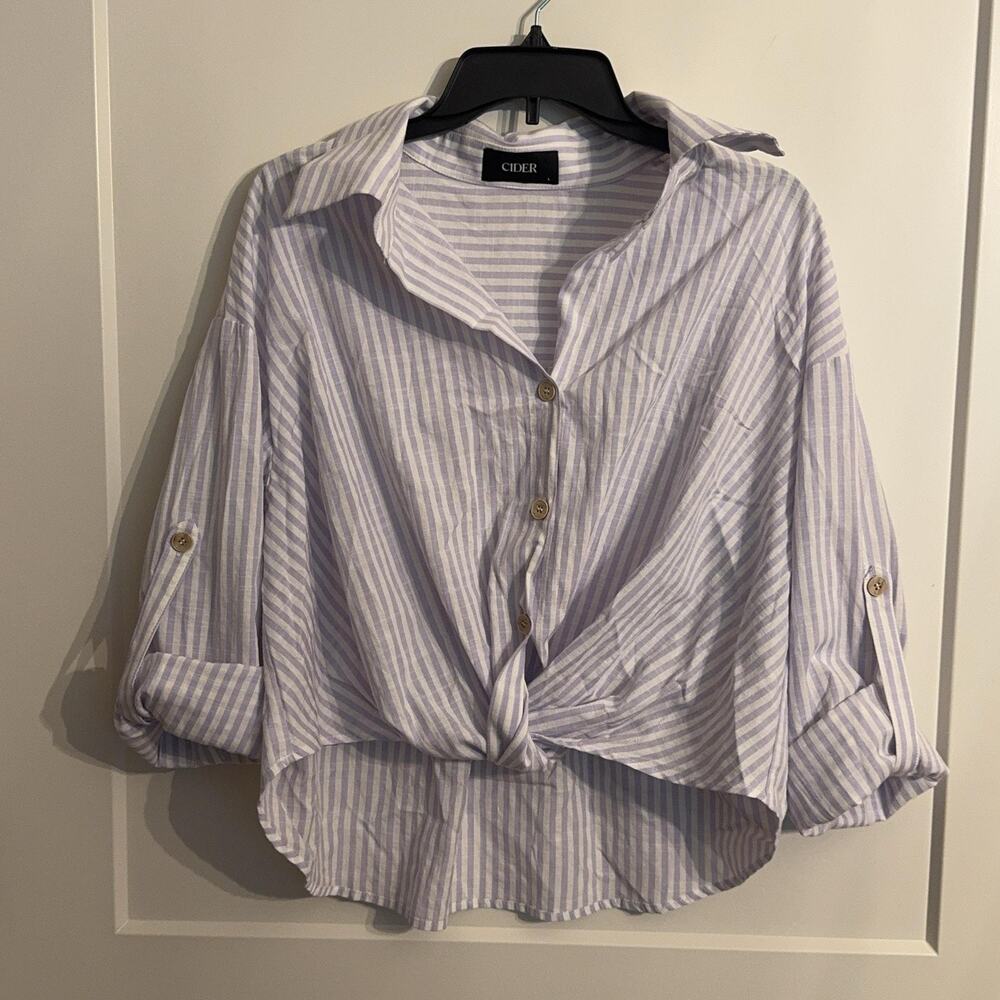 Cider Shirt L Purple Stripe Cropped Button Tie Hem Roll Tab Granny Beach Resort
